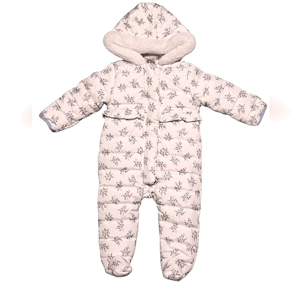 Baby Girls Floral Snowsuit-Nicole Miller - White and Blue Floral Print-Size 6/9M